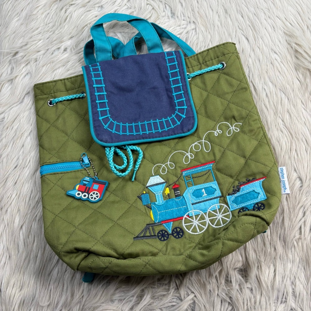 Stephen Joseph Quilted Youth Backpack Train Engine Green Blue Drawstring
